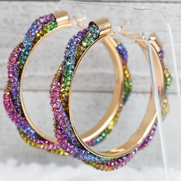 3" Braid Twist Multicolor Rhinestone Hoop Earrings - Picture 10 of 12